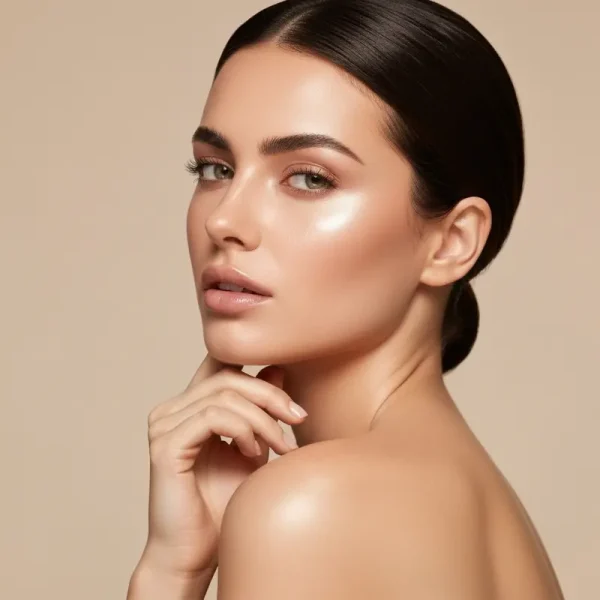 אישה יפה מחדשת SPF מעל איפור קליל עם תרסיס שקוף, על רקע עור זוהר