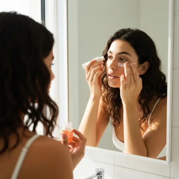 אישה ישראלית מורחת קרם עיניים על כהויות מתחת לעיניים