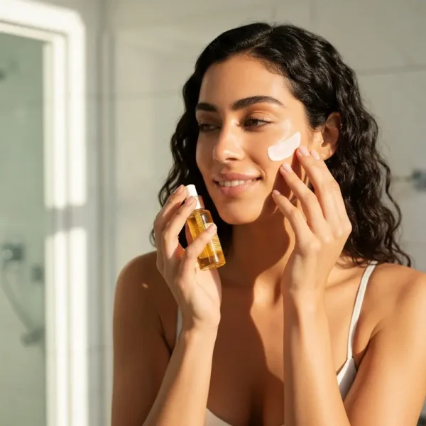 אישה ישראלית מורחת שגרת טיפוח אנטי אייג'ינג על פניה