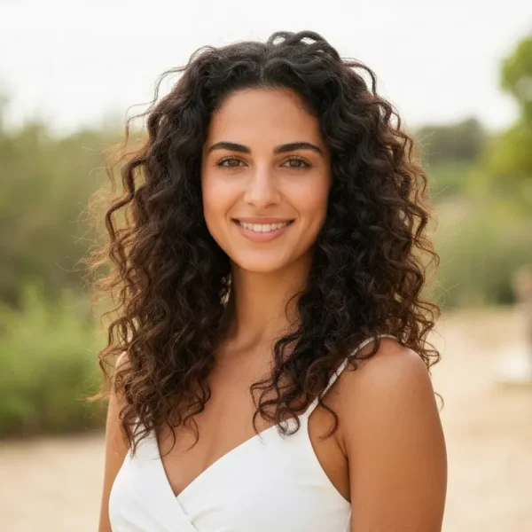 אישה ישראלית עם שיער מתולתל בריא לאחר שיטת Curly Girl למתחילות