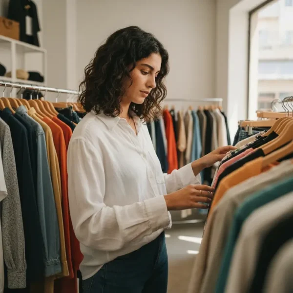 אישה ישראלית צעירה בסטייל אופנה בת קיימא, בחנות וינטג'