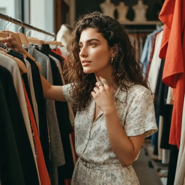 אישה ישראלית צעירה בסטייל אופנה בת קיימא בחנות וינטג"
