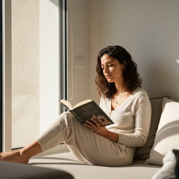 אישה ישראלית צעירה קוראת ספרים מומלצים לנשים בפינת קריאה אסתטית