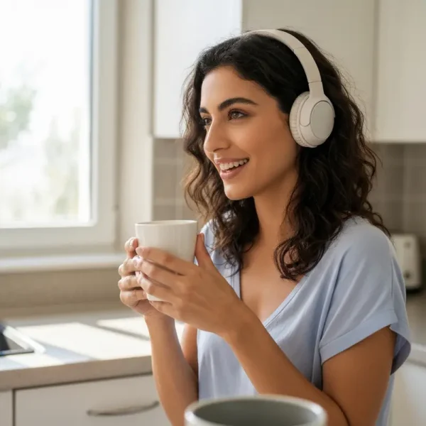 אישה מאזינה לפודקאסטים מומלצים להתפתחות אישית בבוקר