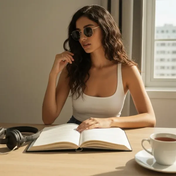 אישה מאזינה לפודקאסטים מומלצים להתפתחות אישית בפינת עבודה אסתטית.