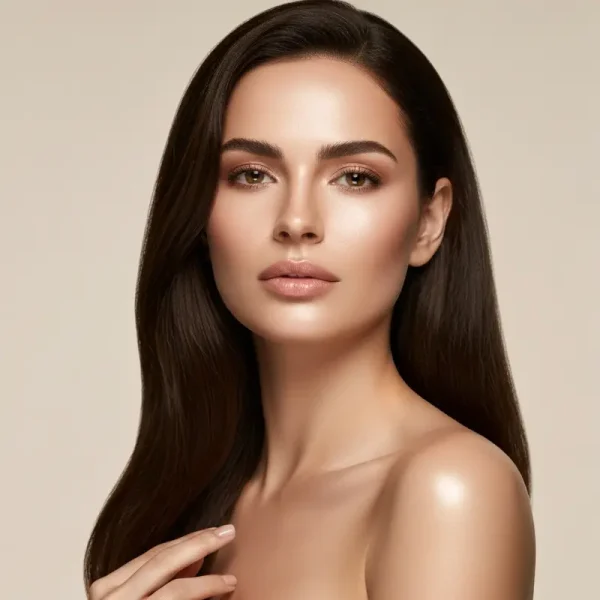 אישה מביטה במראה כשיש לה פורג'ינג פריצה עורית קלה, בחדר אמבטיה אלגנטי ובהיר.