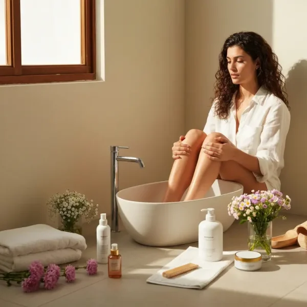 אישה מבצעת פדיקור ביתי מפנק ברגליה