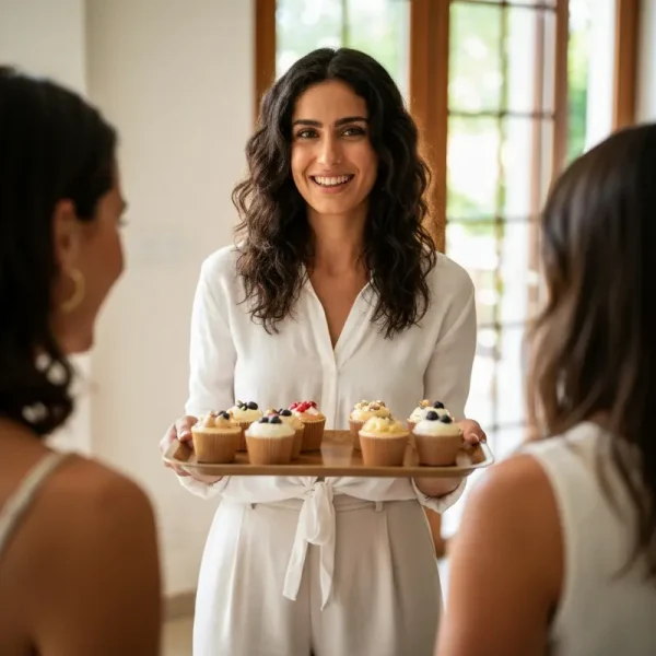 אישה מגישה קינוחי כוסות מהירים ומרשימים