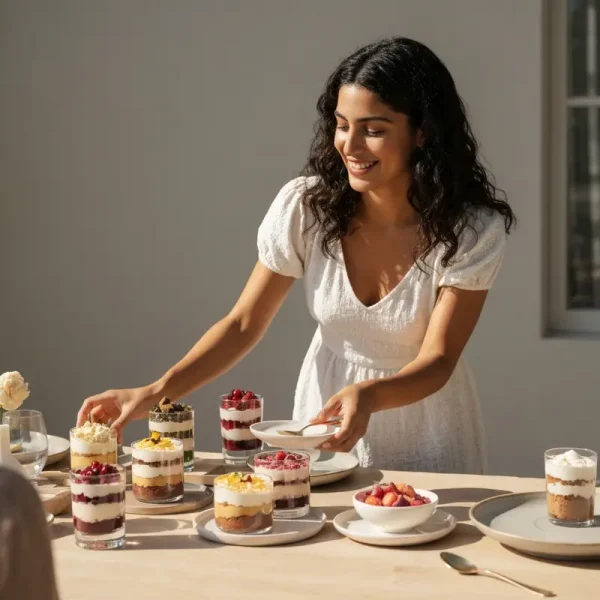 אישה מגישה קינוחי כוסות מהירים ומרשימים לאורחים