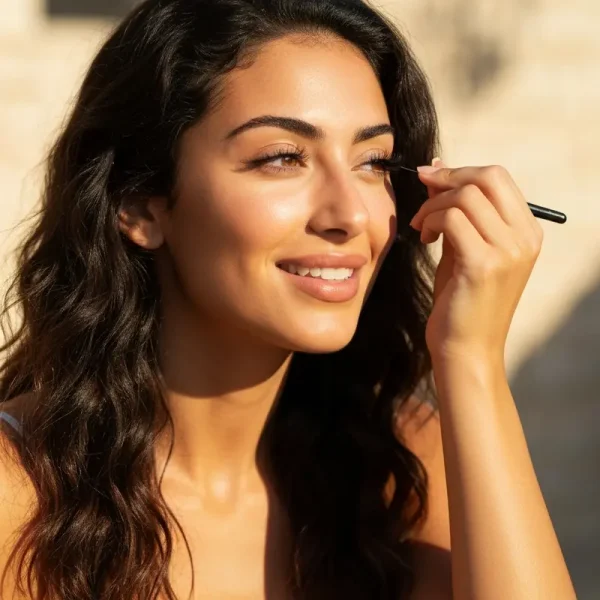 אישה מדביקה ריסים מלאכותיים בסטייל טבעי