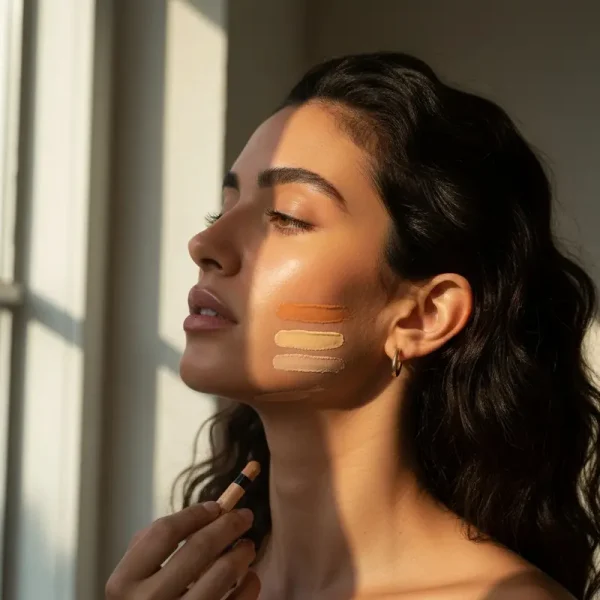 אישה מודרנית בודקת גוון מייקאפ על קו הלסת