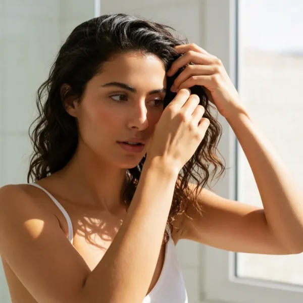 אישה מורחת מסכה טבעית לשיקום השיער בחדר אמבטיה אסתטי