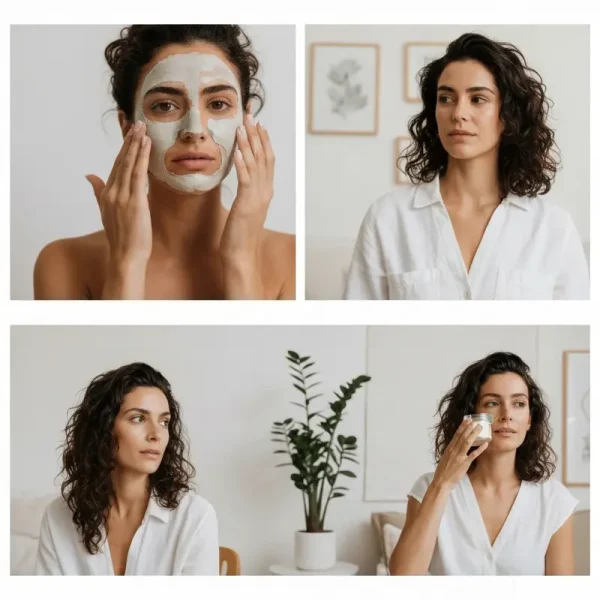 אישה מורחת מסכות חימר לפנים בחדר מואר