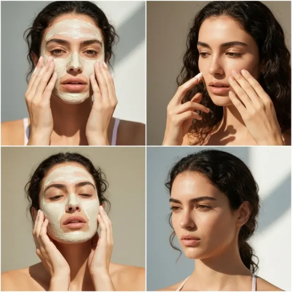 אישה מורחת מסכות פנים ביתיות בחוויה אסתטית