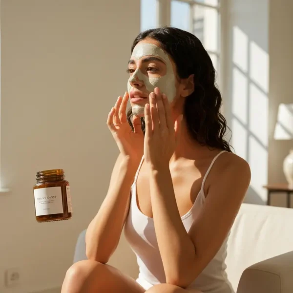 אישה מורחת מסכת חימר לפנים בסלון יפהפה