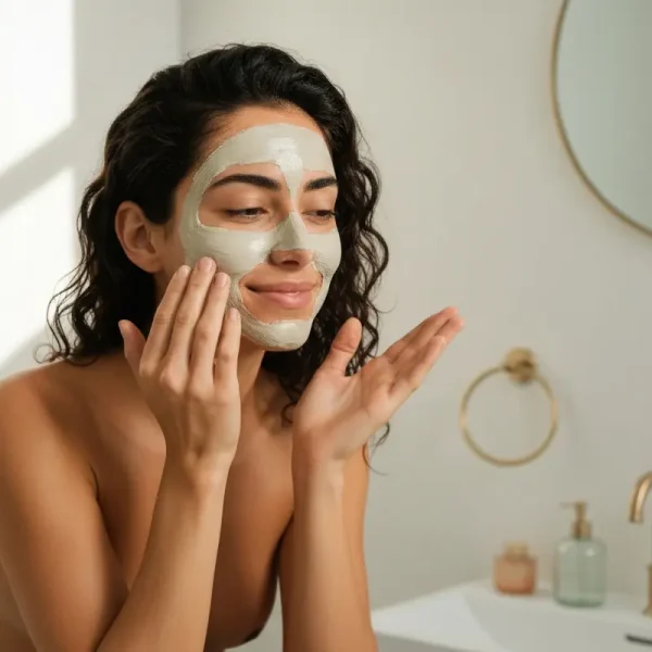 אישה מורחת מסכת חימר לפנים טבעית בבית