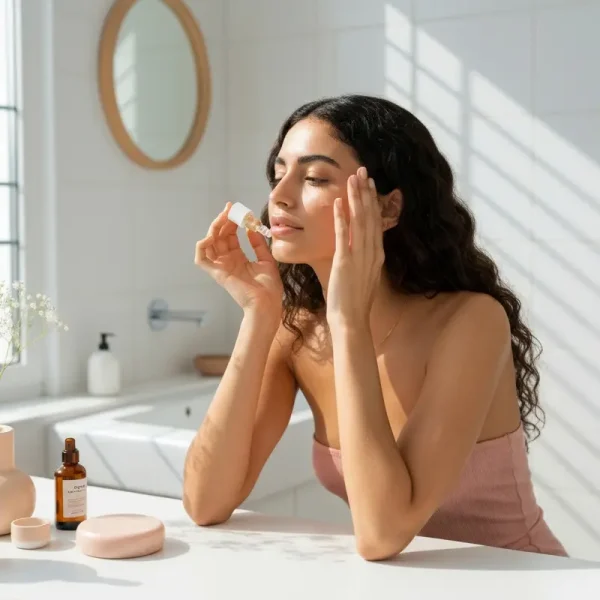 אישה מורחת סרום טבעי, מעבר לקוסמטיקה טבעית.