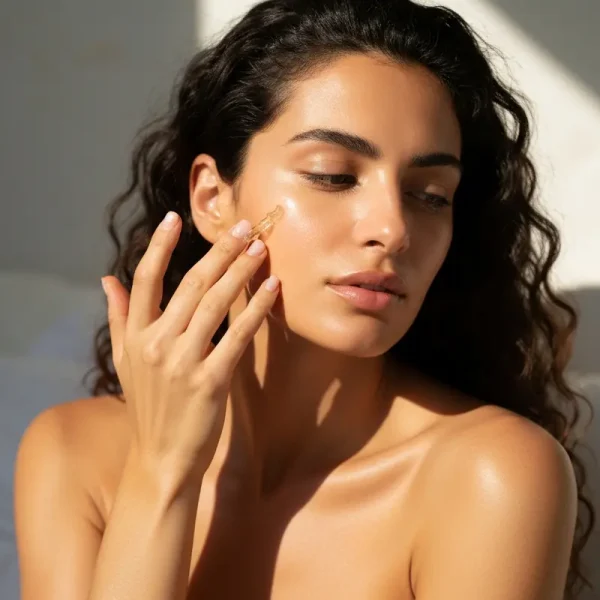 אישה מורחת סרום לחיזוק מחסום עור על פניה.