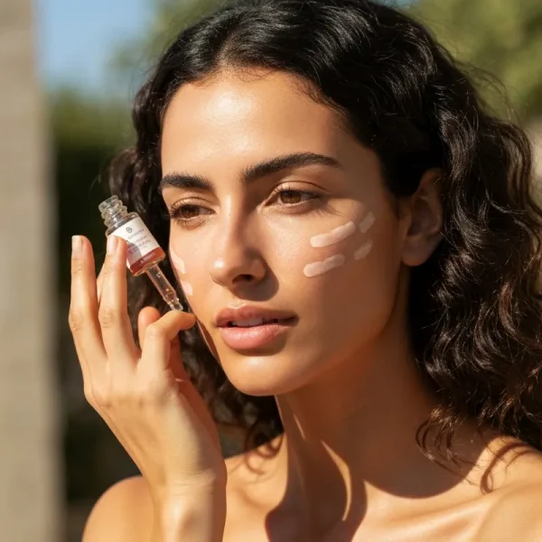 אישה מורחת סרום לפנים כחלק מטיפול בפיגמנטציה בבית