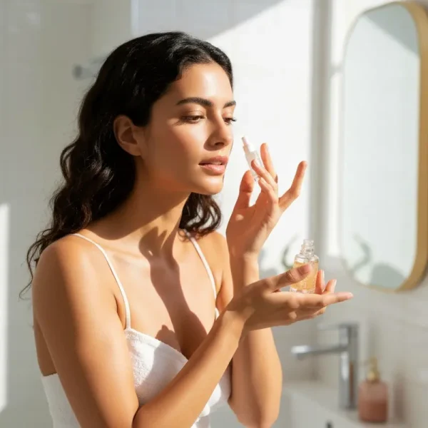 אישה מורחת סרום, סדר מריחת מוצרי טיפוח נכון