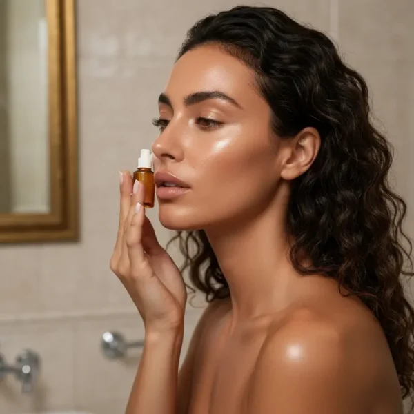 אישה מורחת קרם כחלק משגרת טיפוח ערב שלה