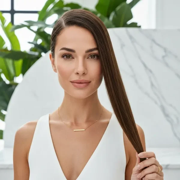 אישה מזרחית מטופחת עם שיער מלא ובריא, מחזיקה שערה אחת כדי להדגיש את החוזק, כטיפול לנשירת שיער הורמונלית