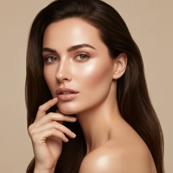 אישה מטופחת אורזת מוצרי טיפוח עור בנסיעות לתיק קטן על רקע נסיעה יוקרתי