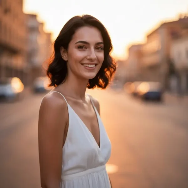 אישה מטופחת בסביבה עירונית, מייצגת טיפוח עור עירוני והגנה