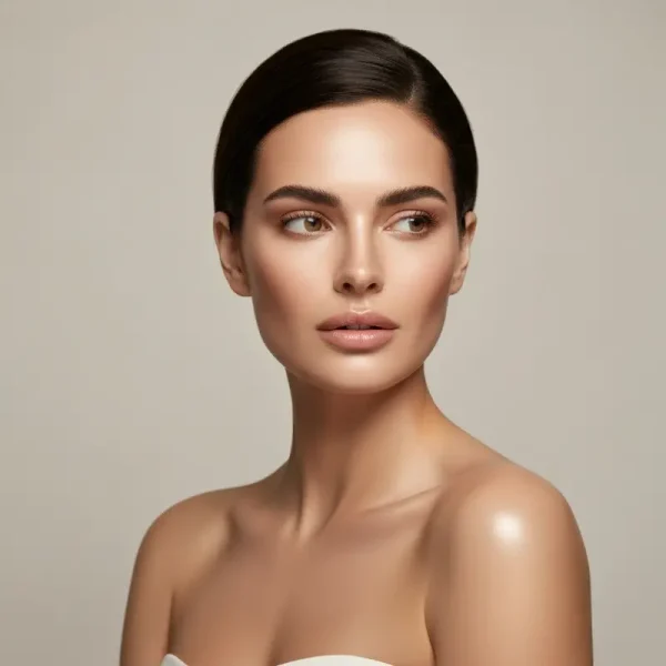 אישה מטופחת בעלת עור פנים זוהר נוגעת בעדינות בפניה, מדגישה הימנעות מהרגלי פציעת עור ושגרת טיפוח עדינה.