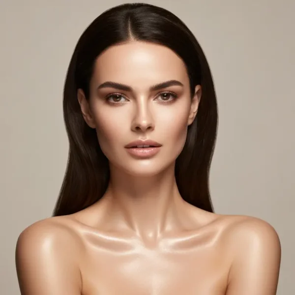 אישה מטופחת יושבת מול פינת טיפוח מעוצבת ואלגנטית עם מראה גדולה ותאורת לד עדינה