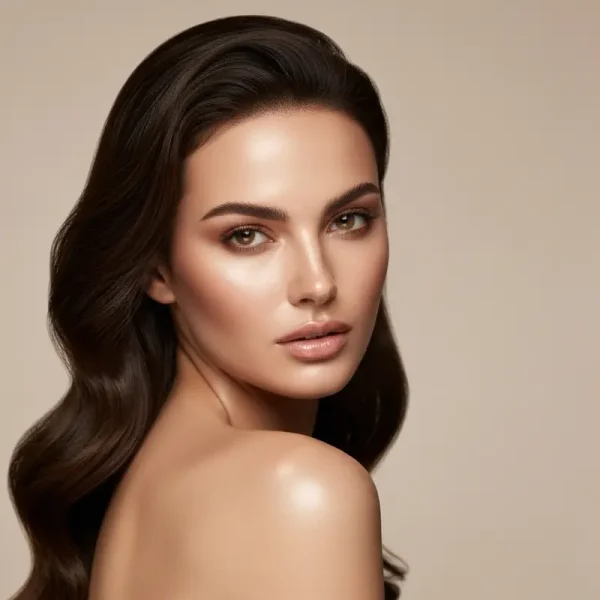 אישה מטופחת עם עור זוהר ושיער בריא אוכלת קערה של פירות יער טריים, ירקות ירוקים ואגוזים