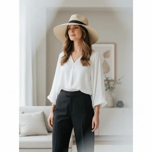 אישה מטופחת עם עור זוהר, מוגן מאור כחול, משתמשת בסמארטפון בחלל מואר