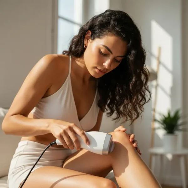 אישה מטפלת בעור ברגלה עם מכשיר לייזר לעומת IPL ביתי