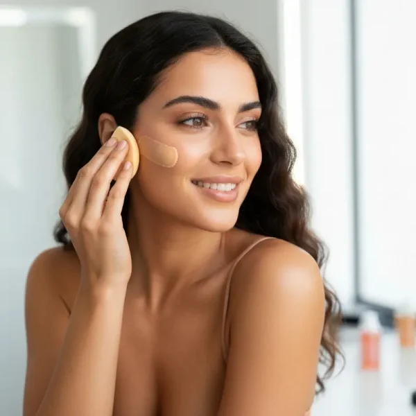 אישה מניחה מוצרי איפור זולים ומומלצים על פניה