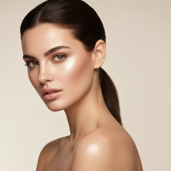 אישה מניחה סרום פרוביוטיקה פרה-ביוטיקה עור על פניה, עם עור זוהר ובריא