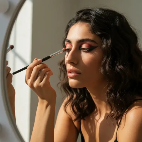 אישה מניחה צלליות צבעוניות באיפור מקצועי