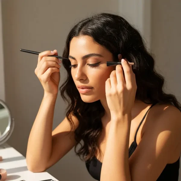 אישה מניחה ריסים מלאכותיים בקלות על עיניה