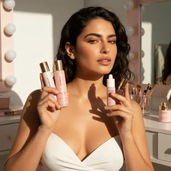 אישה מראה מוצרי איפור זולים ומומלצים עם מראה זוהר