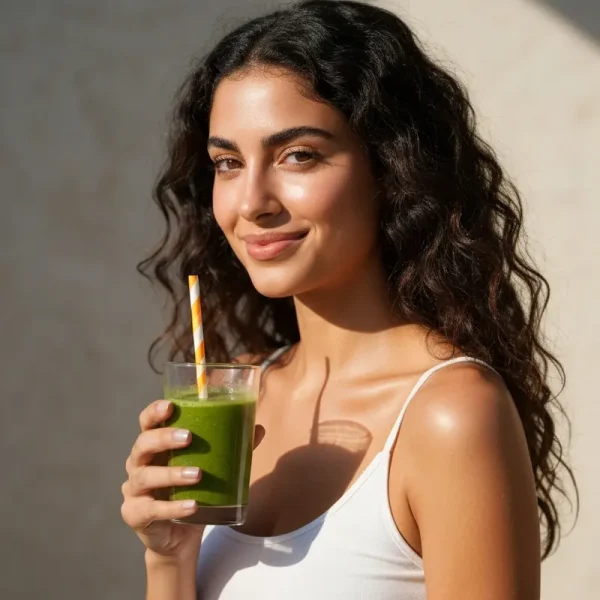 אישה מראה עור פנים זוהר ובריא בעקבות בריאות מעיים