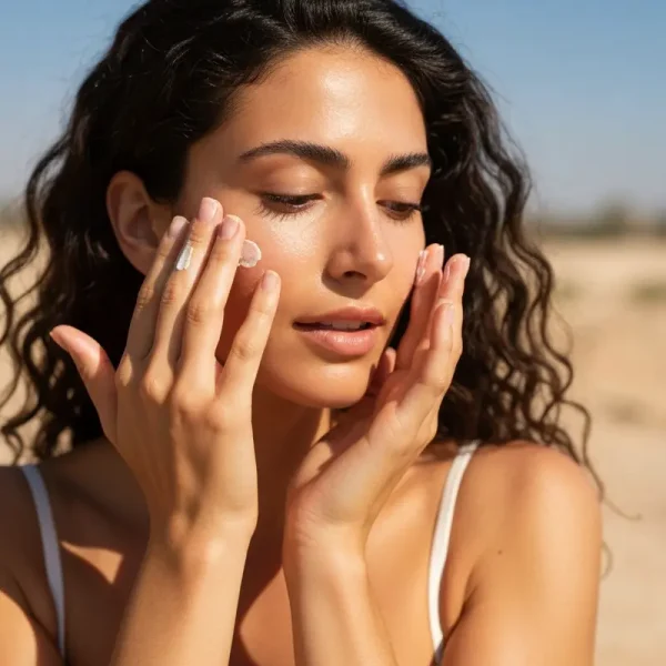אישה מריחה קרם הגנה לפנים עם מלזמה טיפול ומניעה