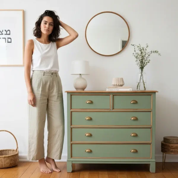 אישה משדרגת חידוש רהיטים בבית בצבע ירוק רגוע