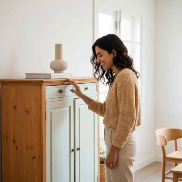 אישה משדרגת חידוש רהיטים בבית עם צבע פסטל