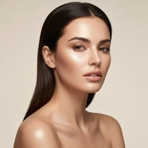 אישה משתמשת במכשיר יופי ביתי חכם לטיפוח הפנים, על רקע נקי ומואר, עם אסתטיקה עדינה ונשית.