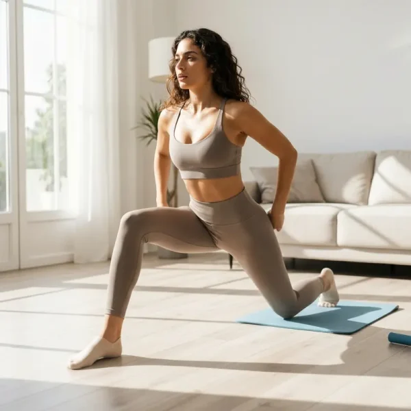 אישה מתאמנת בבית, שילוב כושר בשגרה, אווירה רגועה