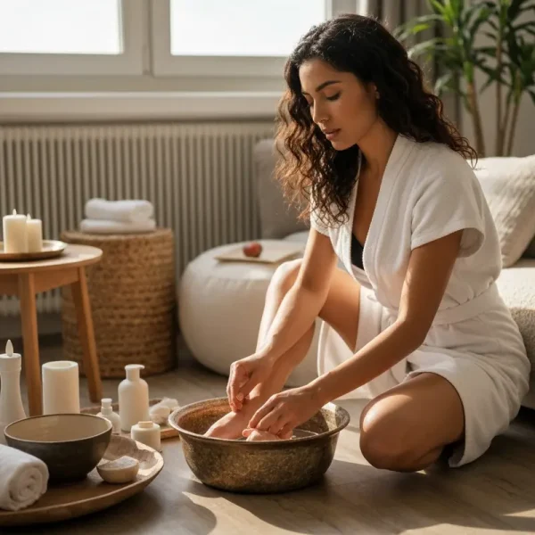 אישה עושה לעצמה פדיקור ביתי מפנק בחורף