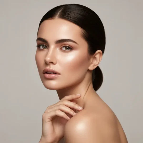 אישה עם איפור עדין וזוהר המדגים איפור עור בעל מרקם מטופח וטבעי