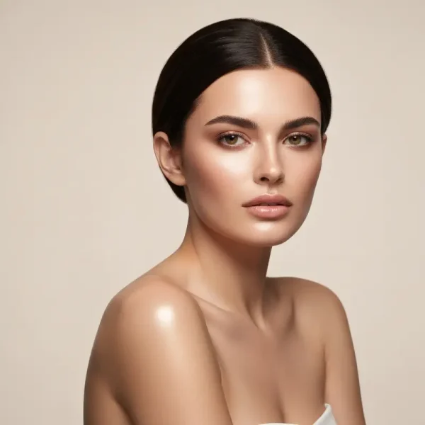 אישה עם אלרגיות עור פנים המורחת בעדינות קרם לחות מרגיע על פניה האדומות, עם רקע נקי ואלגנטי