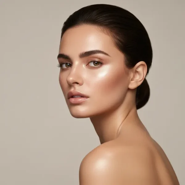 אישה עם מראה איפור זוהר וריסים ארוכים ומודגשים, ללא סימני מסקרה נמרחת פתרונות מתחת לעיניים, עם עור פנים חלק וטבעי.