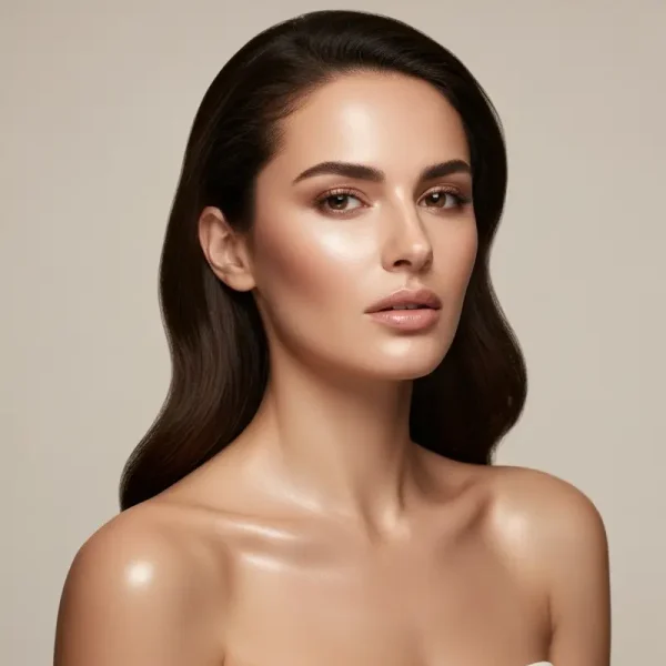 אישה עם מראה ים תיכוני רגועה ומטופחת, מניחה סרום עדין על פניה, עם רקע טבעי ורך, המדגיש את הטיפוח והשלווה בהתמודדות עם שחיקה נפשית טיפוח.