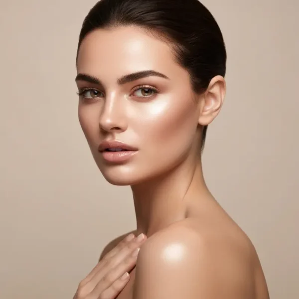 אישה עם מראה עור זוהר ואחיד, מדגימה איפור עור פיגמנטציה בטכניקה עדינה.